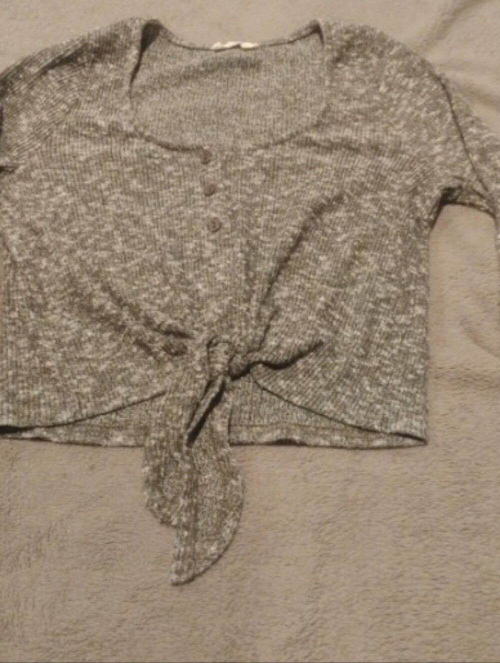 Miss Love Gray Marled Ribbed Knit Tie Front Cropped  Sweater - Medium